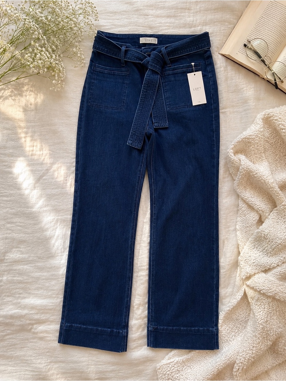 Loft High Waisted Straight Leg Jeans NWT Size 8 Dark Wash Belted
